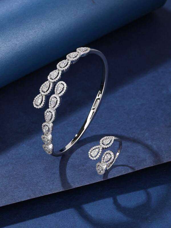 مجموعة سوار وخاتم عصرية ساحرة بحجر زيركونيا، مجموعة سوار وخاتم مفتوح بقطعتين،إكسسوارات فاخرة للإستخدام اليومي و التقديم كهدايارمضان