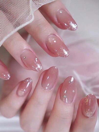 24個入り ホログラム フレンチグラデーション フェイクネイル ショートエリプス形 素敵なラインストーン付き ネイルアート パーティー用学生、女性おすすめ ネイルサプライ、プレスオン 偽ネイル 偽爪 フェイクネイル つけ爪