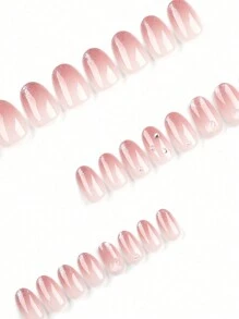 24pcs/Set Short Elliptical Shaped French Gradient Holographic False Nails With Rhinestones For Diy Nail Art, Suitable For Students, Women And Party Occasions Press On Nails Nail Supplies