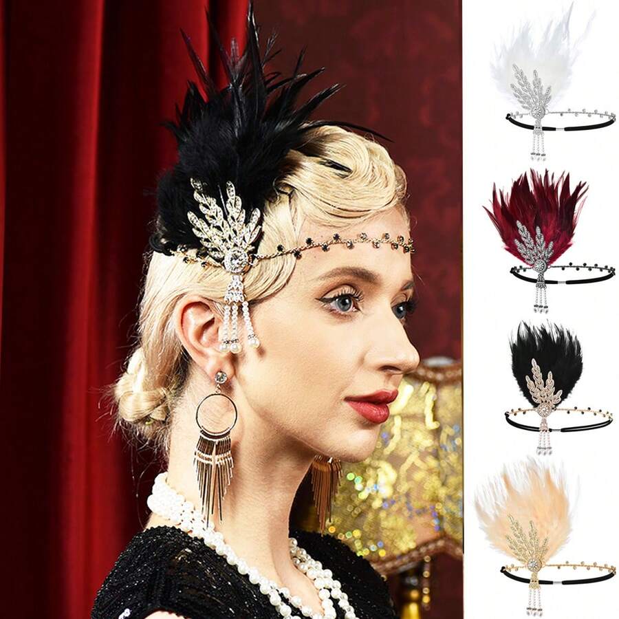 1入組鍊條裝飾羽毛頭帶,適用於日常、節日、派對、母親節、情人節,是裝飾和配件的絕佳禮物