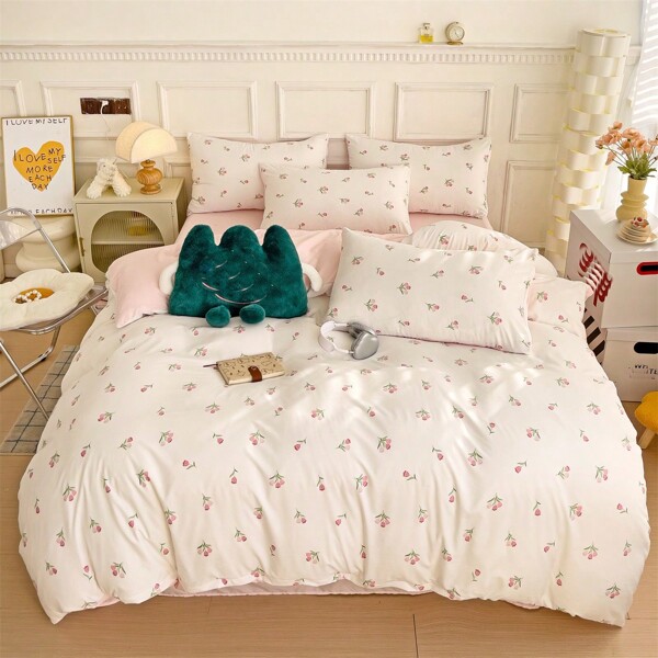 2/3pcs Floral Printed Duvet Cover Set - 1 Duvet Cover And 1/2 Pillowcases (No Filling Included), Soft Breathable Fabric, Washable, Suitable For Double Bed, Queen, King Size