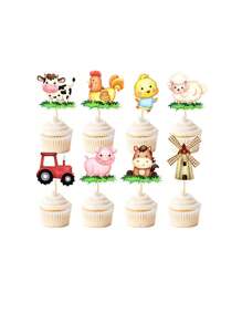 24 件/套农场动物主题纸杯蛋糕装饰物， - 彩色 - 查看 1