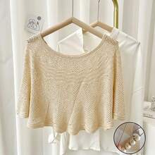 1入女士實色針織中空披肩,配珍珠鈕扣,適用於春夏秋冬,百搭披肩,適合日常穿著,防曬透氣 - 彩色 - 查看 5