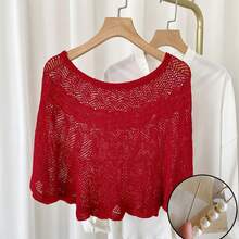 1入女士實色針織中空披肩,配珍珠鈕扣,適用於春夏秋冬,百搭披肩,適合日常穿著,防曬透氣 - 彩色 - 查看 4