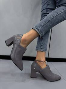 British Style Women's Fashionable Embossed Pointed Toe Deep Mouth Shoes Versatile Gray High Heel Thick Heel Comfortable Shoes