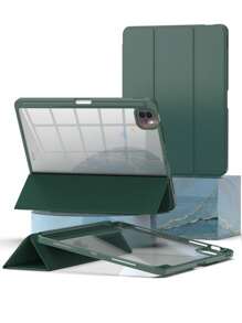 1PC Tri-Fold Silicone Foldable Anti-Fall Tablet Case Compatible IPad With Pen Holder Tablet Leather Cover-Green