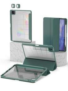 1PC Tri-Fold Silicone Foldable Anti-Fall Tablet Case Compatible IPad With Pen Holder Tablet Leather Cover-Green