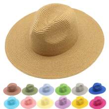 1pc Unisex Panama Straw Hat With Wide Brim, Foldable, Jazz Style, Beach Sun Hat For Summer Boho - Lanyard - View 1