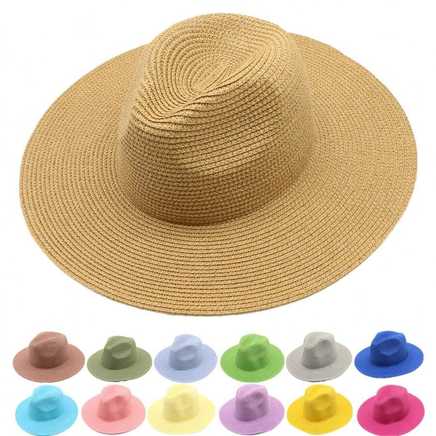1pc Unisex Panama Straw Hat With Wide Brim, Foldable, Jazz Style, Beach Sun Hat For Summer Boho - Lanyard - View 1
