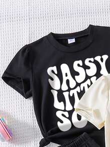 年輕女孩字母印花短袖T恤和短褲套裝 - 夏季3件套