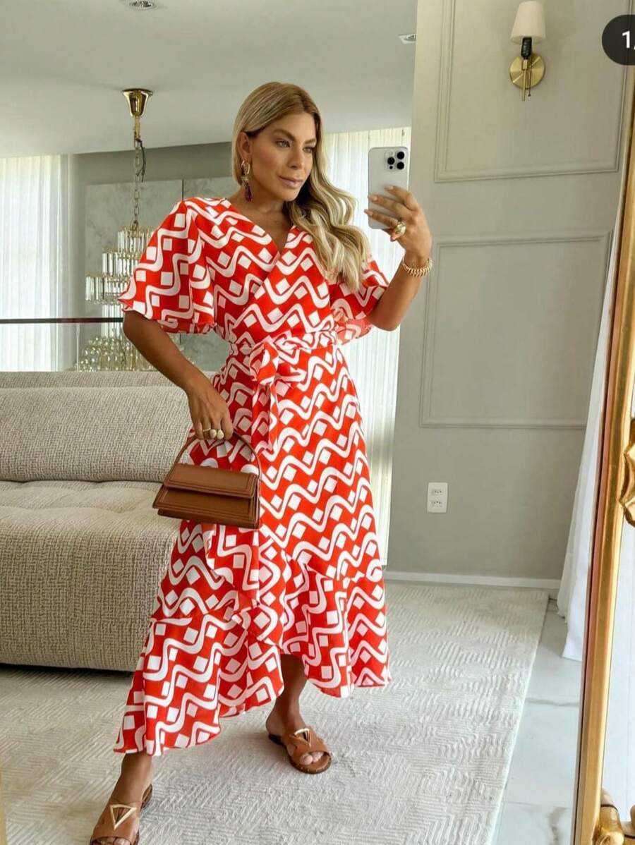 Vestido Envelope Transpassado Estampado De Amarrar - Laranja - Visão 1