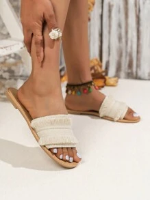 PrStep Women's Resort-Style Flat Beige Panelled Double-Layer Tassel Sandals
