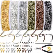 1-7 卷链套装，带 3 毫米开口环和 12 毫米龙虾扣，约 5m-35m 珠宝制作链（链条尺寸约 1.5-1.7 毫米宽 x 2 毫米长），1-7 种颜色约 1.5-1.7 毫米焊接镀铜铁链，用于珠宝制作的镀金/银项链链，金属链套件，带 30-210 个跳环和 10-70 个龙虾扣，珠宝钳，开口跳环和镊子，用于 DIY 珠宝项链手链脚链制作（选择相应的照片），存在色差 - 彩色 - 查看 5