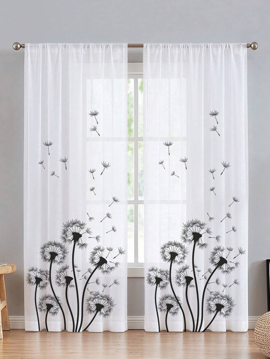 1pc Christmas Dandelion Digital Print Sheer Curtain, Black And White, Home Decor For Living Room, Bedroom, Window Decoration - Multicolor - View 1
