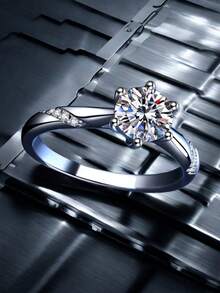 1個時尚簡約優雅的6爪圓形立方氧化鋯女戒,是完美的情人節和婚禮禮物 - 銀色 - 查看 6