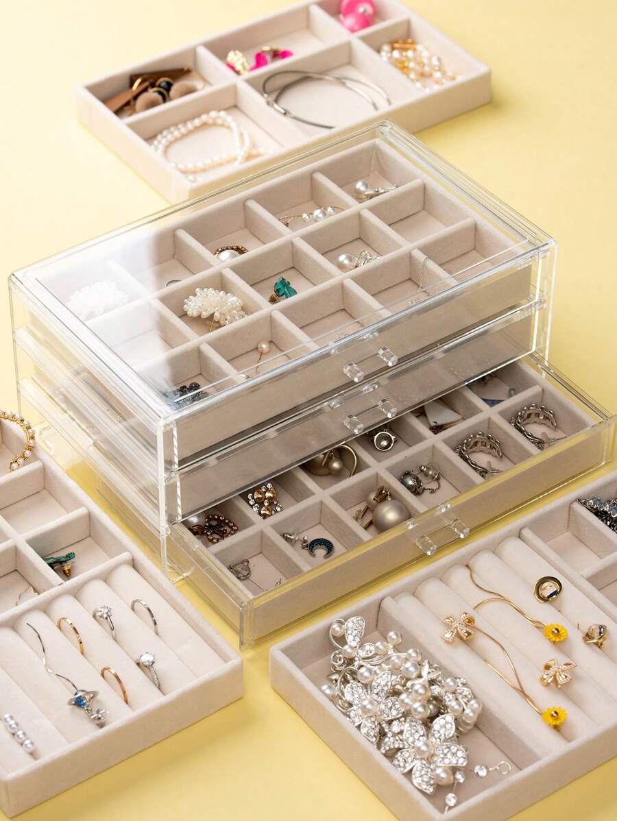 Flocked Jewelry Tray, Acrylic 3-Drawer Jewelry Box, Jewelry Storage, Ring Box, Desk Drawer Organizer, Simple & Fashionable, Flexible DIY, Pink/Beige/Gray Options, Suitable For Jewelry, Cosmetics, And Small Items Storage