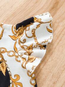 2 Stücke/Set Baby Mädchen Retro Kette & Bedrucktes Cap Sleeve Top und Faux Leder Shorts mit Gürtel, Frühling/Sommer