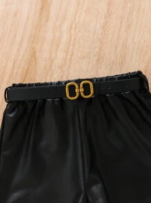 2 Stücke/Set Baby Mädchen Retro Kette & Bedrucktes Cap Sleeve Top und Faux Leder Shorts mit Gürtel, Frühling/Sommer