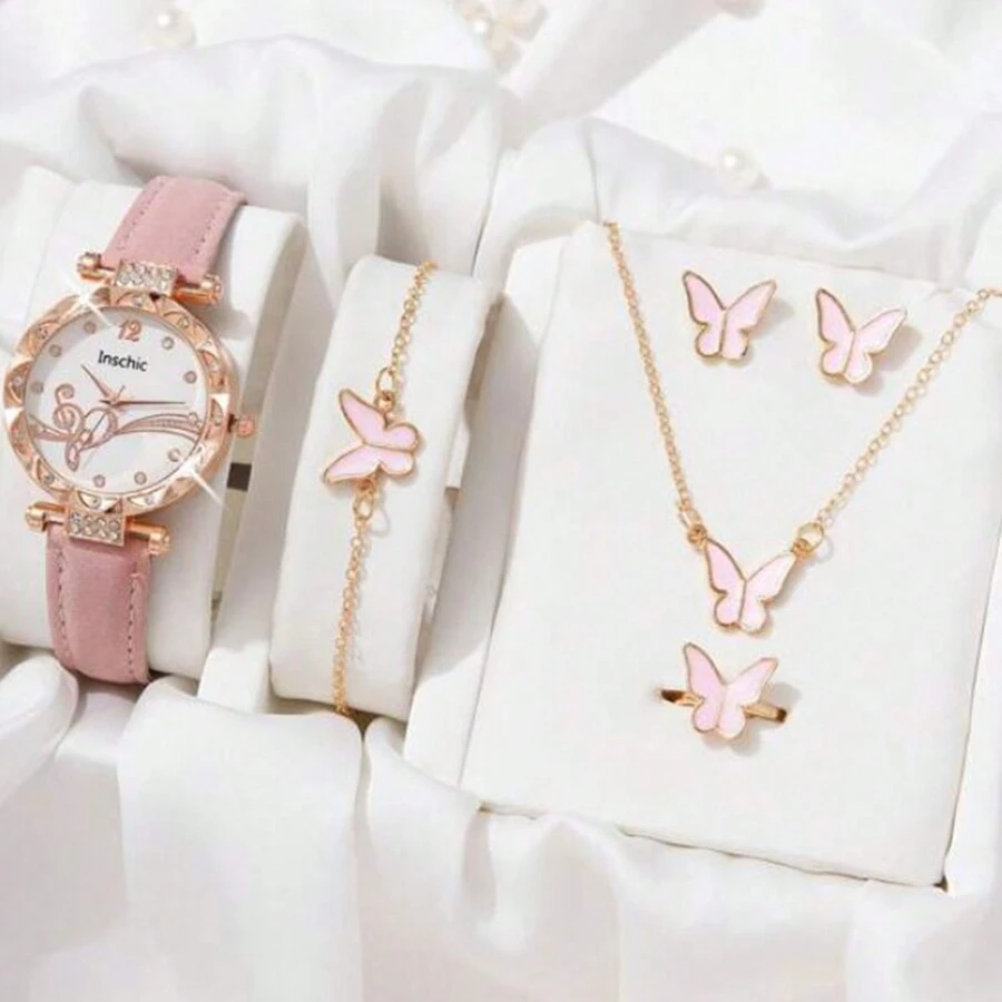 Children's Watch & Bracelet Set, Butterfly Matte Strap Watch + Butterfly Bracelet Set, Suitable For Birthday Gift, Halloween Gift, 6pcs/Set (Without Box) - Pink - View 1
