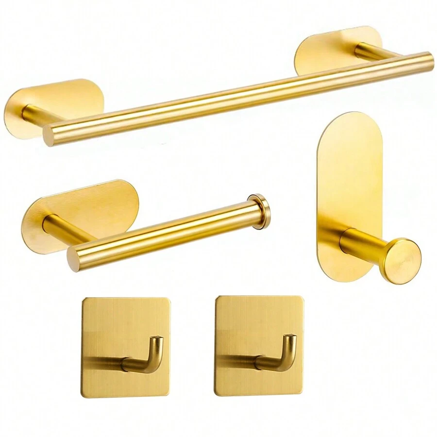 5pcs/Set No-Drill Bathroom Accessories Kit, Stainless Steel Bathroom Hardware Set, Including Towel Bar, Wall Mounted Towel Holder, Toilet Paper Holder, Wall Hooks, Robe Hooks Bathroom Accessories Bathroom Tools - Black - View 1