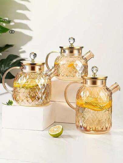 1pc Glass Water Bottle/Cup, Fashionable High Borosilicate Glass Cold Water Kettle, High Temperature Resistant And Explosion-Proof Thickened, Large-Capacity Kettle For Home, Office, Cafe, Crystal Rhinestone Large-Capacity Juice Kettle, Luxurious Glass Water Bottle, Amber Juice Kettle, Highly Attractive Cold Water Kettle, Creative Cold Water Tea Pot For Home, Restaurant And Hotel