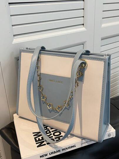 Fashionable Elegant Color Block Ladies Tote Bag,Square Shape, Literary Shopping Bag & Book Bag For Women Or Students, Perfect For Books,Shopping And More Book Tote Bag