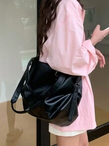 时尚百搭女士软皮手提包，容量大，可用作单肩包/腋下包/斜挎包，引人注目的女士工作包 - 黑色 - 查看 5