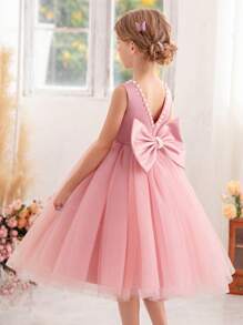 Young Girl's Pearl Decor Bow Back Deep V Valentine's Day Party Princess Dress, Suitable For Girls' Birthday Party, Valentine's Day Gift, Prom, Festival Celebration, Wedding Flower Girl, Stage Performance Costume