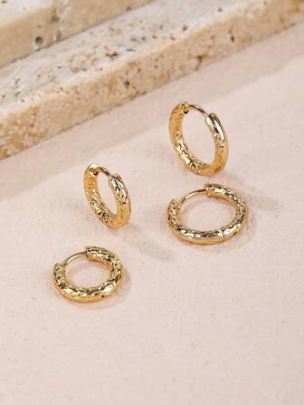 2pairs Fashionable Stainless Steel Floral Design Small Hoop Earrings Suitable For Women's Daily Work And Life Wear