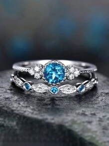 2 Pcs/Set Gorgeous S925 Sterling Silver Blue Cubic Zirconia Rings Wedding Jewelry For Women Fine Jewelry Valentine's Day Gift