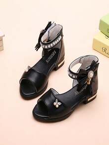 Sandalias de moda estilo princesa de verano para niñas, elegantes sandalias de tacón alto con punta abierta para vestido formal de fiesta, zapatos escolares para niños en negro, blanco y rosa - Negro - Ver 7