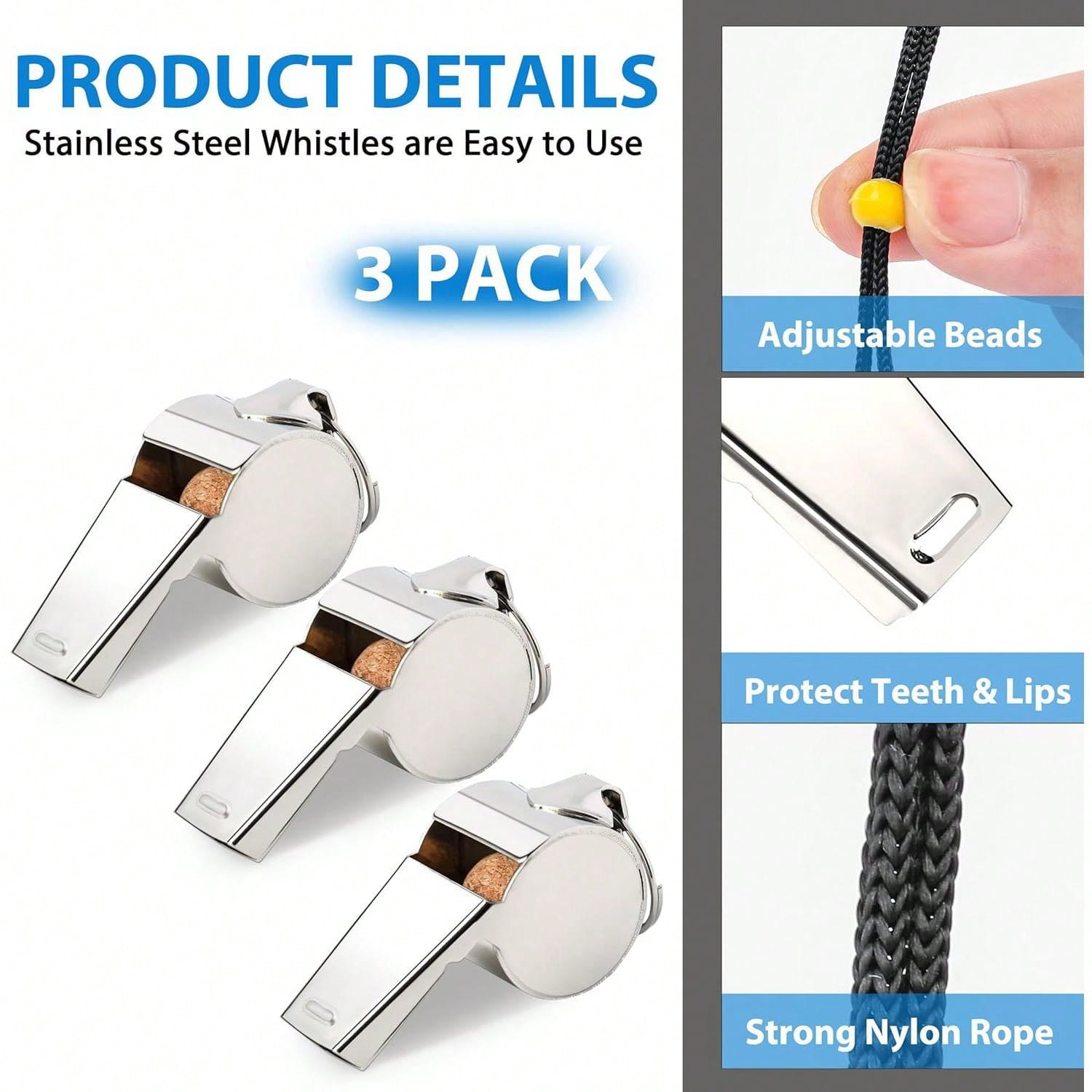 3pcs Metal Referee Sport Whistle With Lanyard, Stainless Steel Whistle