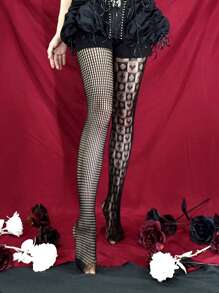 2 Paires/ensemble De Chaussettes Asymétriques En Résille – 1 Paire De Collants Creux Au Design De Cartes À Jouer + 1 Paire De Collants À Motif Rayé Pour Femme, Collants Transparents Gothiques Sexy Taille Haute Sur Toute La Longueur.