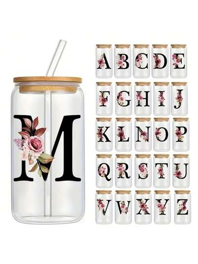 1pc Letter Printed Glass Cup With Straw & Lid, 480ml Simple And Beautiful, Transparent Cup With Flat Bottom For Hot Drinks, For Home Or Coffee Shop Use