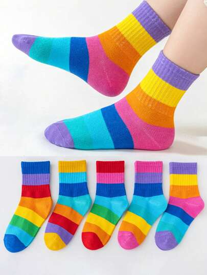 5 Pairs Girls' Rainbow Pattern Knit Socks, Comfortable Breathable Soft Mid-Calf Socks, Suitable For Outdoor Wear