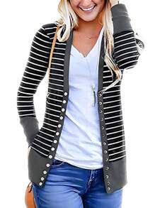 Striped Button Front Cardigan - Grey - View 1