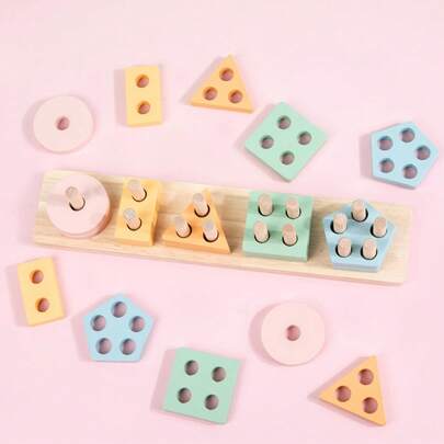 Baby Montessori Geometric Shape Matching Block Assembly Children's Puzzle Early Education Building Blocks Toys Enlightenment Early Education Puzzle Solid Wood Color Combination Gift