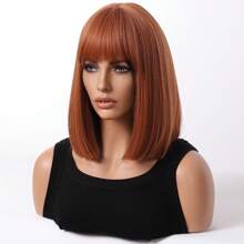 春季纯铜姜棕色鲍勃头发 14 英寸带刘海可爱合成假发，适合女孩女士派对角色扮演节日节日日常穿着时髦街头运动浪漫自然简约休闲透气玫瑰网耐热假发 - 臟橘色 - 查看 4