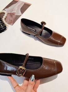 Buty Mary Jane dla kobiet, styl francuski, kwadratowy nosek, niska cholewka, pasek na kostkę, delikatne płaskie buty dla dużych rozmiarów, eu 41-43 - Kolor khaki - Zobacz 3