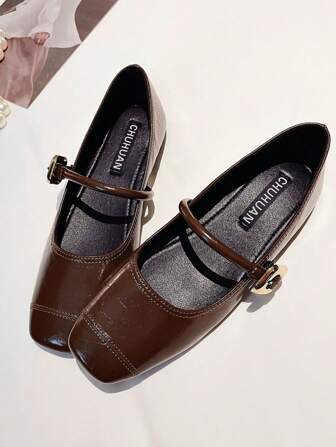 女士玛丽珍鞋，法式风格，方头，低帮，踝带，加大码，柔和平底鞋，欧码 41-43