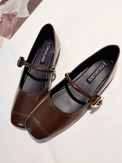 女士玛丽珍鞋，法式风格，方头，低帮，踝带，加大码，柔和平底鞋，欧码 41-43