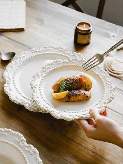 1pc Vintage Palace Style Ceramic Plate With French Baroque Embossed And Beaded Craft, Suitable For Breakfast, Desserts, Commercial Wedding Dinner Porcelain Plates, Restaurant Steak Plates Christmas Gift