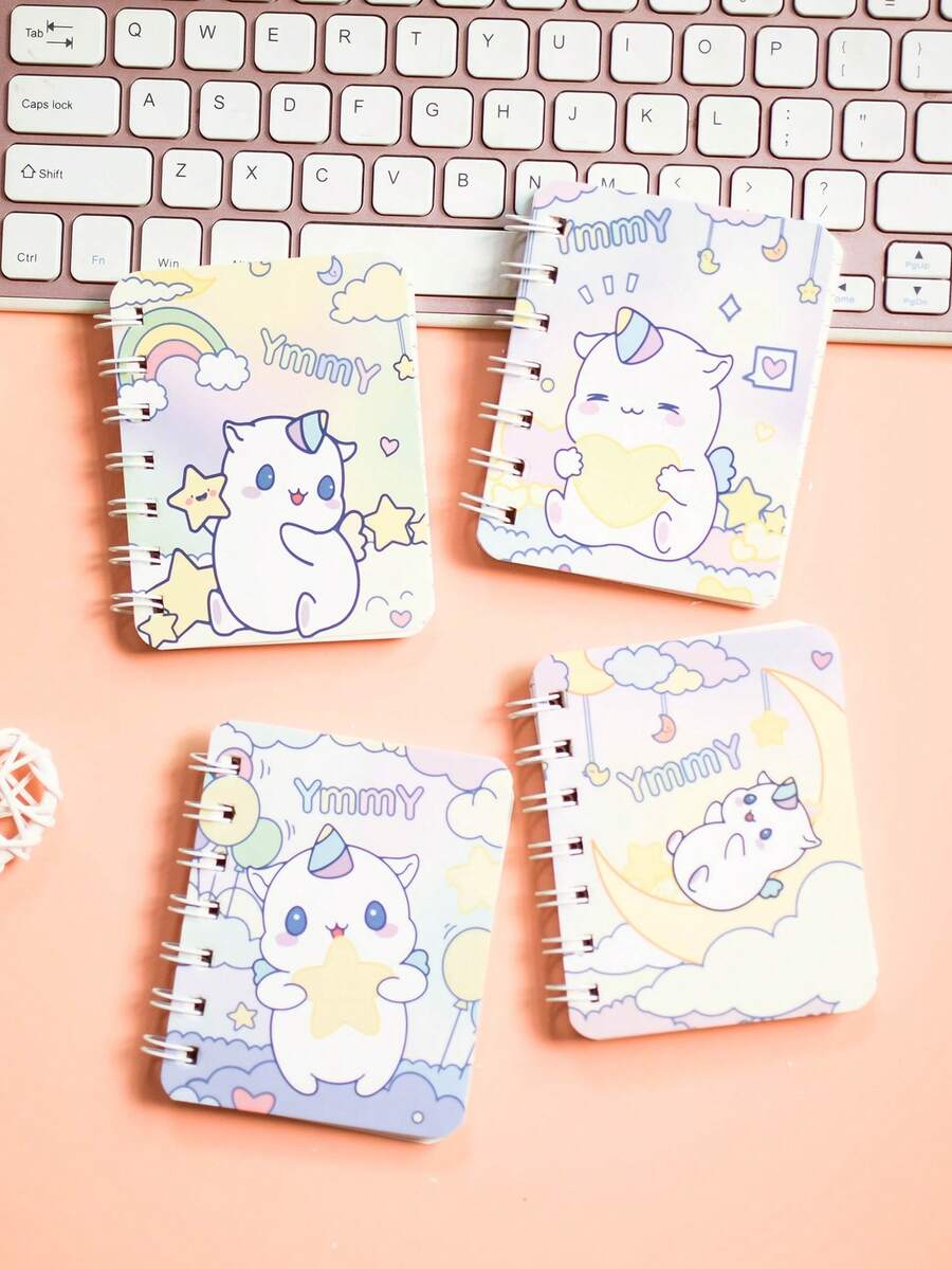 4入組 A7螺旋筆記本,卡通圖案封面,橫線內頁,80頁/160頁,學生便攜迷你日記 - 彩色 - 查看 1