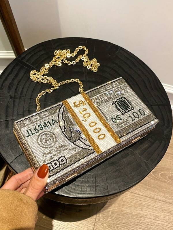 2019 Personality Creative Dollar-Shaped Rhinestones-Encrusted Clutch Bag, Evening Bag, Party Bag, Ins Style Bag, Crossbody Bag