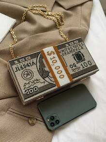 2019 Personalized Creative Dollar-Shaped Rhinestones-Encrusted Clutch Bag, Evening Bag, Party Bag, Ins Style Bag, Crossbody Bag