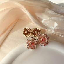 1對歐美風格透明浪漫水晶山茶花耳釘,優雅夢幻設計,時尚女性日常配飾 - 透明多層花朵耳環 - 查看 9