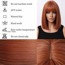 春季纯铜姜棕色鲍勃头发 14 英寸带刘海可爱合成假发，适合女孩女士派对角色扮演节日节日日常穿着时髦街头运动浪漫自然简约休闲透气玫瑰网耐热假发 - 臟橘色 - 查看 6