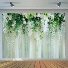 1 pieza Cortinas con estampado de planta y flor blanca como telón de fondo de fotografía de boda, decoración de fondo para despedida de soltera, fiesta de compromiso, accesorios de cabina fotográfica de estudio (4 tamaños), Navidad - Multicolor - Ver 1