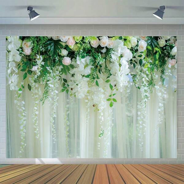 1 Stück weiße Pflanze & Blumen Muster Vorhänge Hochzeitsfotografie Hintergrund, Hintergrund Dekoration für Brautparty, Verlobungsfeier, Studio Fotobooth Requisiten (4 Größen), Weihnachten