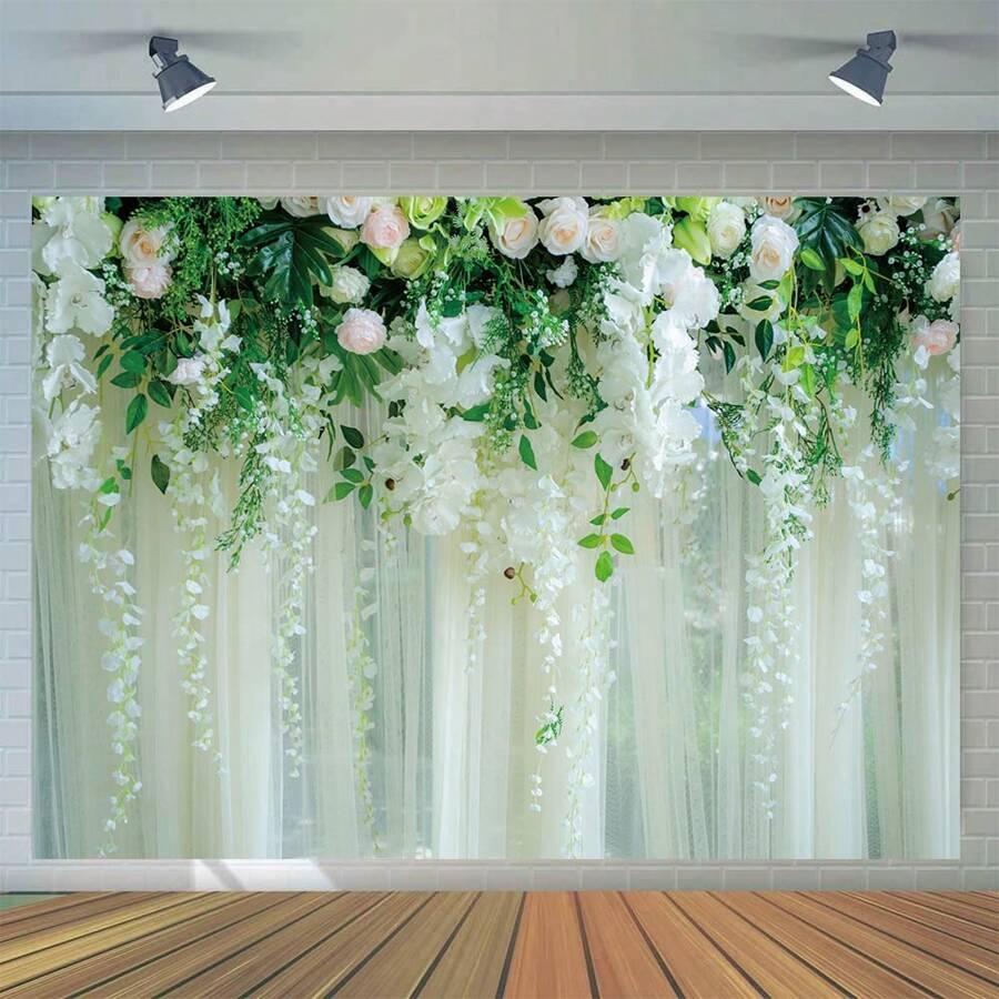 1 pieza Cortinas con estampado de planta y flor blanca como telón de fondo de fotografía de boda, decoración de fondo para despedida de soltera, fiesta de compromiso, accesorios de cabina fotográfica de estudio (4 tamaños), Navidad - Multicolor - Ver 1